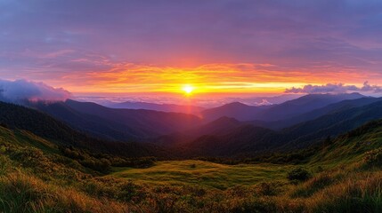 Panoramic Mountain Sunset Over Valley Meadow
