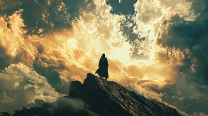 Cinematic Portrayal of Moses Standing on a High Mountain Under Clouds