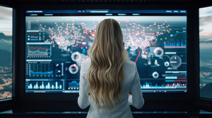 Analytical Visionary: A female data analyst meticulously examines a dynamic world map with intricate graphs and charts displayed on a colossal screen. She stands in a high-tech control room.