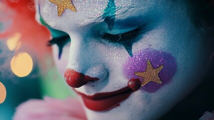 Close-up portrait of a colorful clown with a beautifully painted face featuring vibrant colors, shiny glitter, and star patterns, evoking a sense of joy and festivity