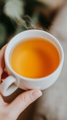 A close-up of a steaming cup of tea held in a hand, with a cozy background