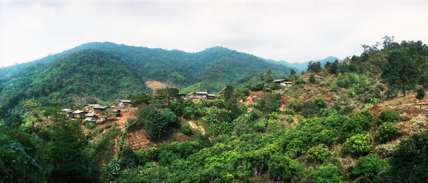 Panoramic high angle view of an indigenous hill tribe village, Chiang Mai Province, Thailand.