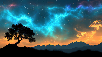 Fototapeta premium Silhouette Tree Under Nebula Skies with Mountains and Starry Night Landscape Backdrop Serenity.
