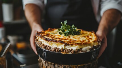 Chef presenting a delicious golden-brown shepherd's pie in a rustic black bowl.