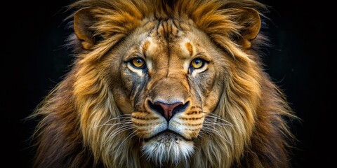 Fototapeta premium Majestic Lion Close-Up: Powerful Portrait on Black Background - Wildlife Photography