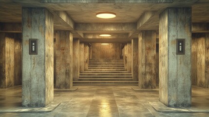 Abandoned urban basement stairs, dimly lit, grunge
