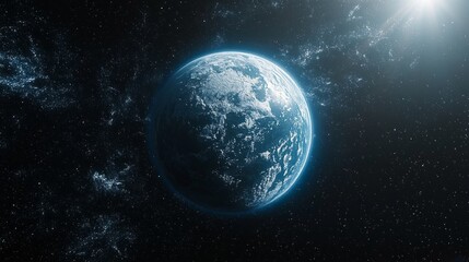 Obraz premium Floating amidst a sea of stars, the vibrant hues of Earth capture the essence of life, with swirling clouds and oceans reflecting sunlight in a breathtaking cosmic panorama