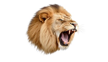 Fototapeta premium Majestic Lion Head Roaring with Powerful Expression in White Background