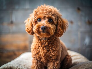 Close-up urban portrait: a miniature red poodle puppy's cute, watchful face captures the city's grit.