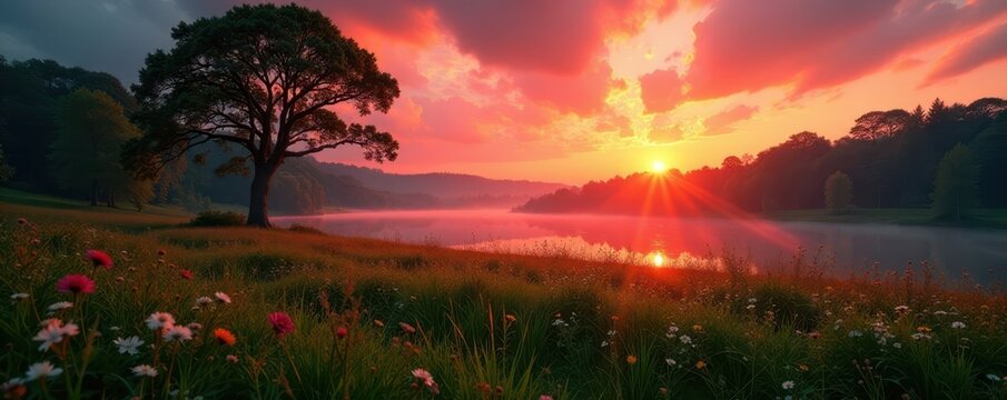 Crimson dawn over lush green Polonina Wetlinska , spectacular, photography