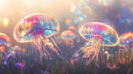 Obraz premium Rainbow jellyfish in the grass. Iridescent Jellyfish Skies. Illustration