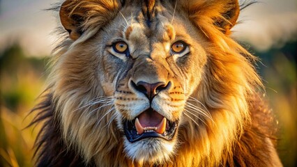 Obraz premium Majestic Lion Roaring, Close-Up Wildlife Photography, African Savannah, Big Cat Portrait