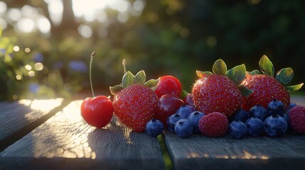 Sunlit berries on rustic wood. (2)