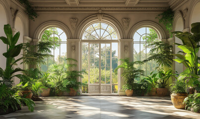 Palatial estate featuring an intricately decorated eco-friendly doorway invites serene luxury and sustainable architectural elegance