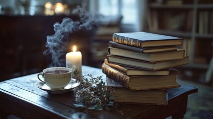 Cozy autumn scene tea, books, candle, and flowers on a wooden table.