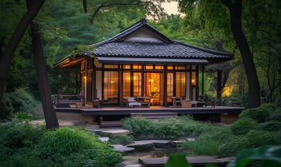 Tranquil tea house exudes calm ambiance with soft lighting and serene decor for mindful relaxation