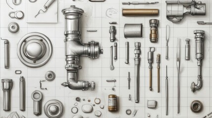 Fototapeta premium Flat lay of various metal plumbing parts and tools arranged on a grid.