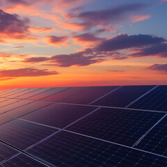 Solar Panels at Dusk Under Colorful Sky Reflecting Golden Sunlight and Clouds Energy Sustainability.