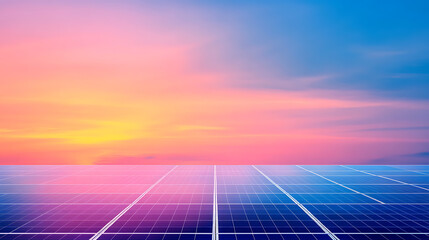 Solar Panels Reflecting Warm Sunset Sky in Renewable Energy Horizon for Sustainable Future.