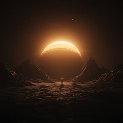 Obraz premium Solitary Figure on Alien Planet with Enormous Celestial Body Shining Brightly in the Dark Sky.