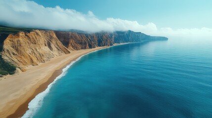 Aerial view Coastal cliffs, beach, ocean, mist, travel