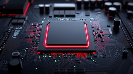 Fototapeta premium glowing motherboard with neon circuitry and central processor, showcasing intricate details and vibrant colors