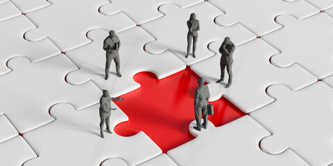 Team members facing a problem are looking for a solution on the jigsaw puzzle.3d rendering