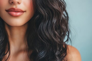 Fototapeta premium Close-up of woman's face, lips, and wavy hair. Ideal for beauty, hair care, and cosmetics advertising.