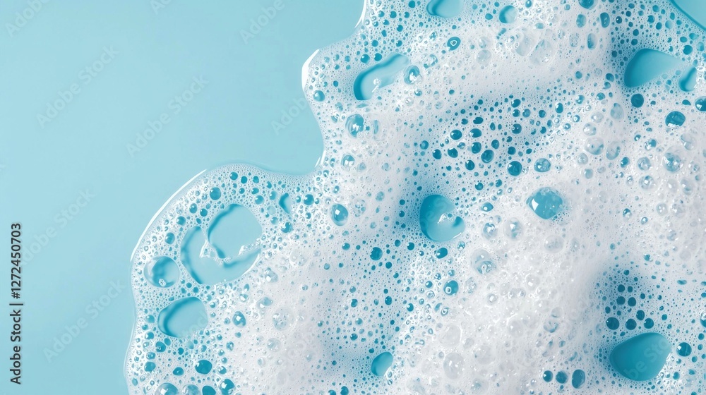 Poster a vibrant blue background features fluffy soap foam, showcasing an array of small bubbles. this refr