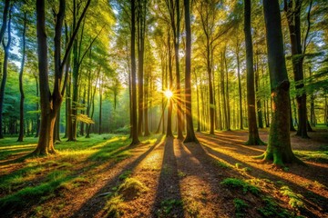 Obraz premium Deep woods, sunbeams dance, mystical woodland scenes. Nature's shadow play, beautifully photographed.