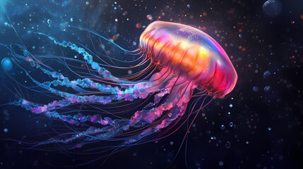 A vibrant jellyfish drifts in the water with iridescent bubbles on its back and shades of pink and blue adorning its body. Iridescent Jellyfish Skies. Illustration