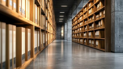 A serene library corridor lined with wooden shelves filled with neatly organized files, showcasing a modern architectural design.
