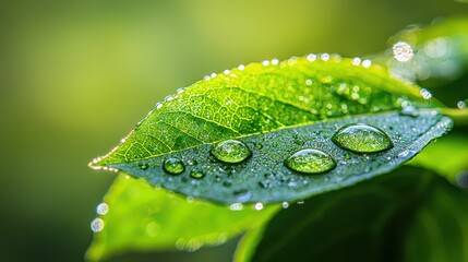 Dew Drops on Fresh Green Leaf in Macro Photography Detail