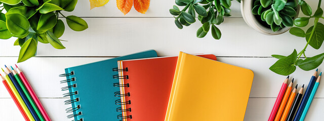 Knowledge Day decorations with a bright desk arrangement featuring notebooks and stationery items in a minimalistic design