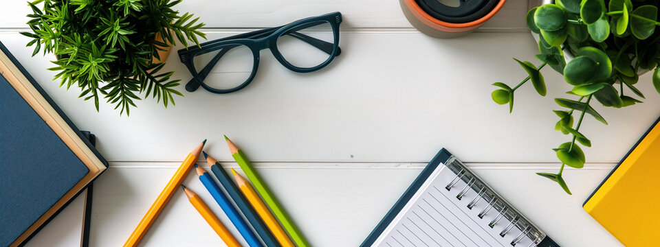 Knowledge Day decorations featuring a beautifully arranged desk with notebooks and pencils on a bright white background - Powered by Adobe