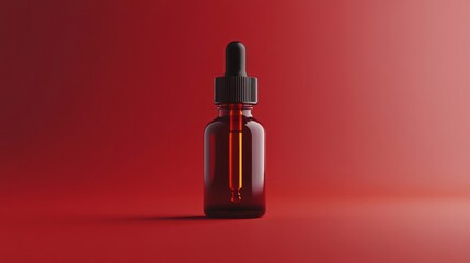 Amber Glass Dropper Bottle Filled with Liquid on Gradient Red Background