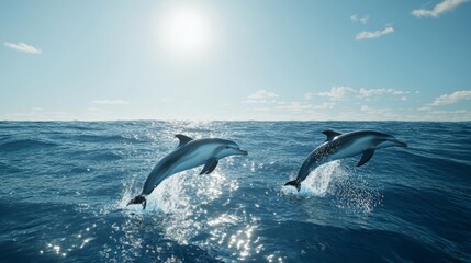 Fototapeta premium Dolphins jumping in the ocean. Bright sunny day. Possible use stock photo