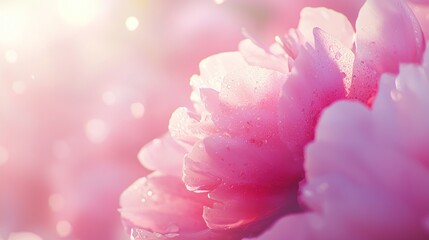 Obraz premium Close-up of pink peony blossoms with dew drops in sunlight.