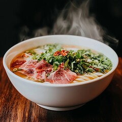 A steaming bowl of pho with fresh herbs and sliced meat, served on a wooden table