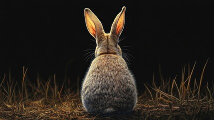 Obraz premium Rear view of a grey rabbit sitting in grass against a black background.