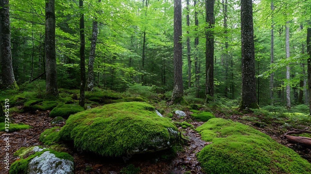 Poster lush green forest scene with mossy rocks underneath towering trees in a tranquil natural environment