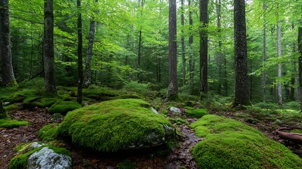 Fototapeta premium Lush Green Forest Scene with Mossy Rocks Underneath Towering Trees in a Tranquil Natural Environment : Generative AI