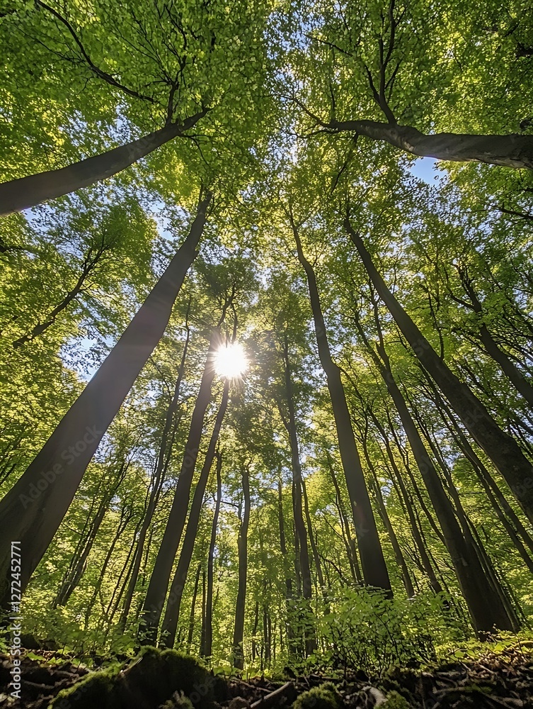 Poster Sunlight Filtering Through Lush Green Trees in a Serene Forest Setting : Generative AI