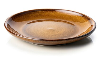 Double exposed brown ceramic plate image; empty, side profile, dark rim, white background, isolated.
