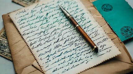 Vintage Letter with Pen on Antique Paper and Old Currency Notes