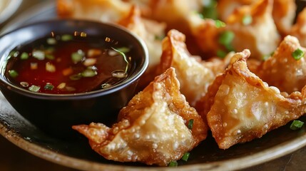 Crispy Fried Wontons Served with Sweet Sauce on a Plate