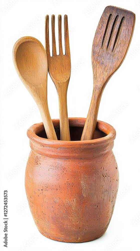 Poster a rustic pot holds beautifully crafted wooden spoons and forks, blending functionality with aestheti