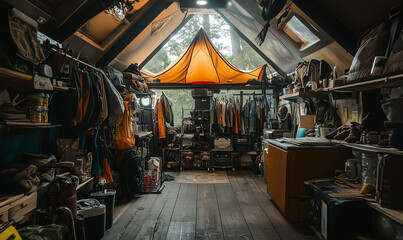 Naklejka premium Outdoor gear store exudes cool natural lighting, offering adventurous equipment for rugged modern explorers daily
