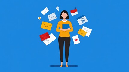 Woman Holding Tablet Surrounded by Colorful Email Icons and Letters