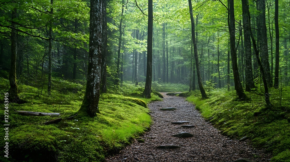 Poster pathway through a lush green forest with sunlight filtering through trees : generative ai